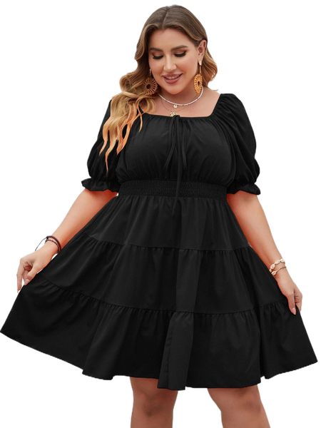 plus square neck ruffle hem dress w2hg#, Black