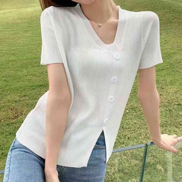 women's sweaters short sleeved sweater t-shirt women's summer short design sense v-neck button solid color versatile ice silk h85h, White;black
women's sweaters short sleeved sweater t-shirt women's summer short design sense v-neck button solid color versatile ice silk h85h, White;black