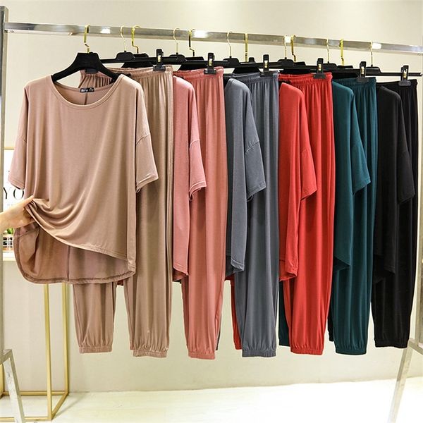 women pyjamas summer modal home suits female loose size t-shirt+drawstring loose pants 2 pieces set tracksuits 220329, Black;red
women pyjamas summer modal home suits female loose size t-shirt+drawstring loose pants 2 pieces set tracksuits 220329, Black;red