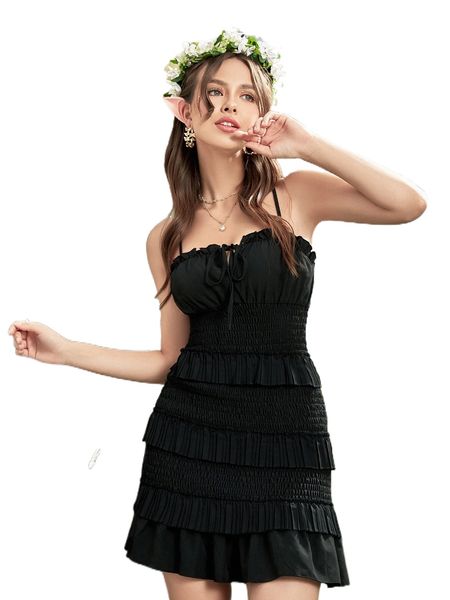 shirred tie front ruffle trim crisscross back cami dress 92rx#, Black;gray
shirred tie front ruffle trim crisscross back cami dress 92rx#, Black;gray
