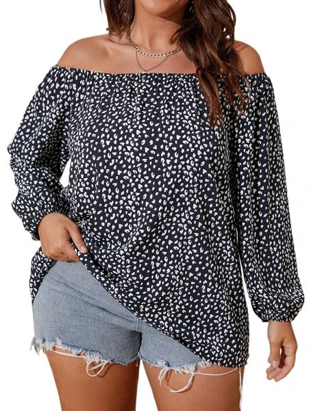 plus all over print off shoulder bishop sleeve blouse l7sv#, Black