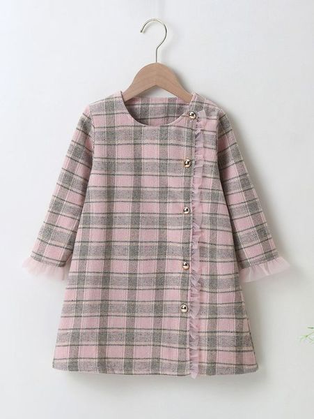 little girl's mesh face button detail checkered dress she, Red;yellow