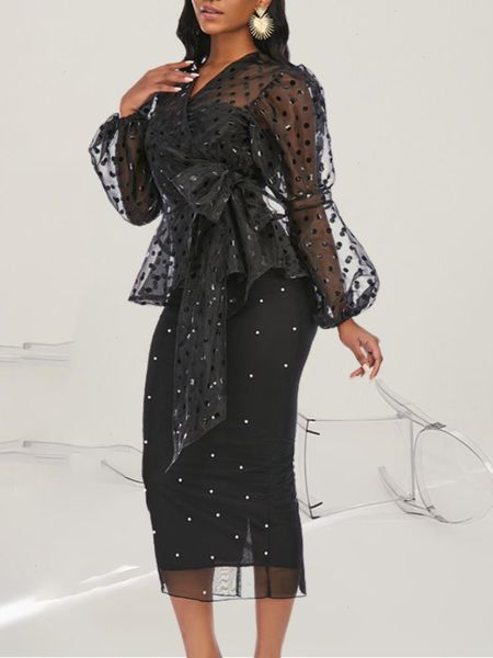 women two pieces sets dress transparent shirt blouses polka dot sleeves v neck high waist skirt beading big, White
women two pieces sets dress transparent shirt blouses polka dot sleeves v neck high waist skirt beading big, White