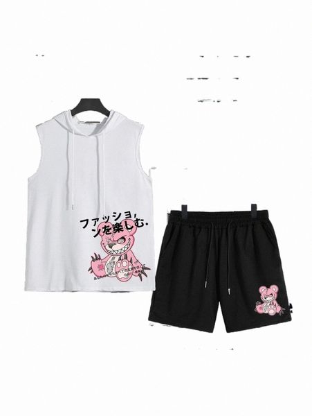 men cartoon & japanese letter graphic hooded tank & shorts x6qt#, Gray 
men cartoon & japanese letter graphic hooded tank & shorts x6qt#, Gray