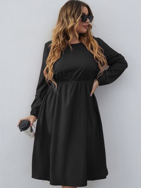 plus solid bishop sleeve a-line dress a0ms#, Black