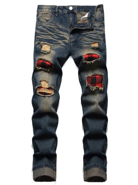 men gingham ripped jeans i8zy#, Blue