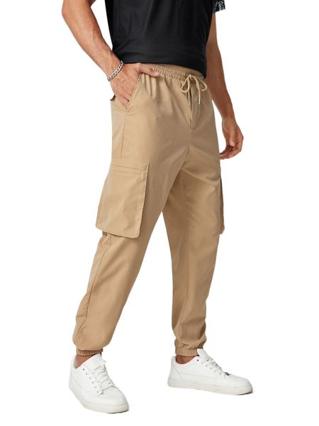 men drawstring waist pocket patched pants 90kp#, Black 
men drawstring waist pocket patched pants 90kp#, Black