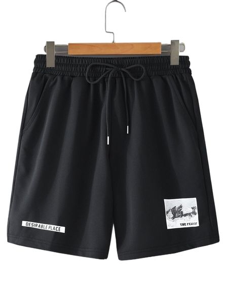 men letter graphic drawstring waist shorts e4iz#, White;black