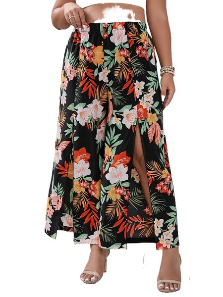 plus tropical print slit thigh wide leg pants d1v4#, Black