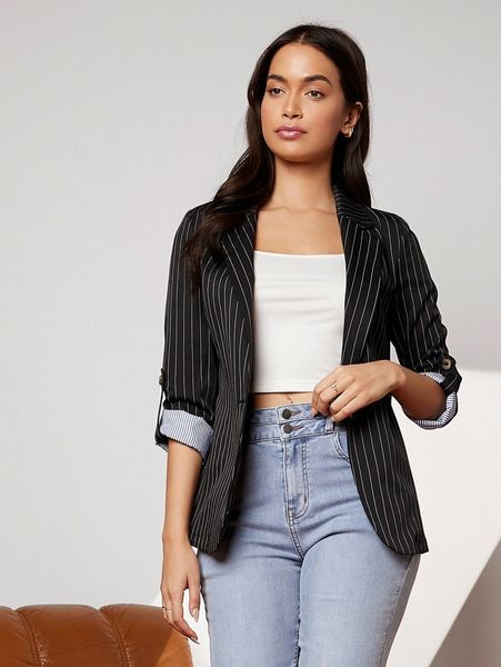 striped roll up sleeve blazer a0wl#, White