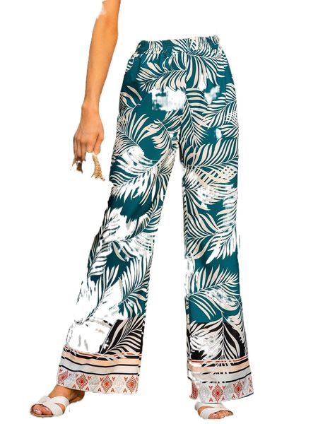 tropical print wide leg pants u9tp#, Black;white