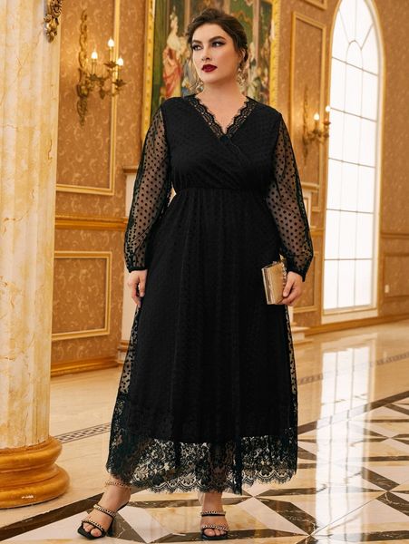plus surplice neck lace trim swiss dot mesh dress x0ua#, Black