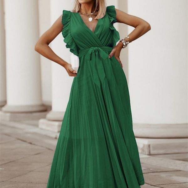 fashion elegant women dress sleeveless v neck long summer pleat party female chiffon maxi green with belt 220613, Black;gray
fashion elegant women dress sleeveless v neck long summer pleat party female chiffon maxi green with belt 220613, Black;gray