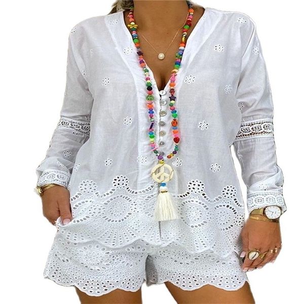summer white two piece women casual s long sleeve elegant drawstring vneck plus size shorts mujer set 220613
summer white two piece women casual s long sleeve elegant drawstring vneck plus size shorts mujer set 220613