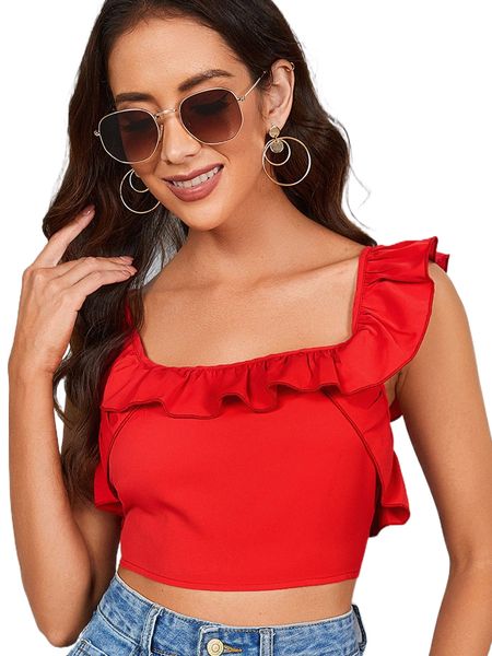 solid ruffle trim crop c4ng#, White
solid ruffle trim crop c4ng#, White