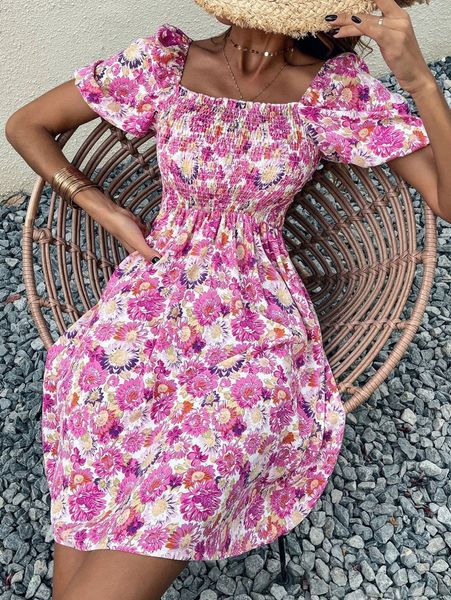 floral print shirred puff sleeve dress s6cf#, Black;gray 
floral print shirred puff sleeve dress s6cf#, Black;gray