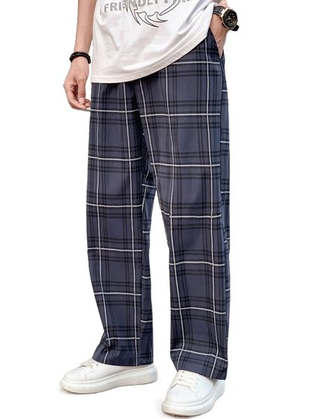 men plaid drawstring waist pants n2an#, Black