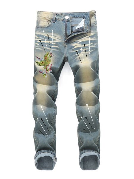 romwe guys animal embroidery jeans l9zw#, Blue