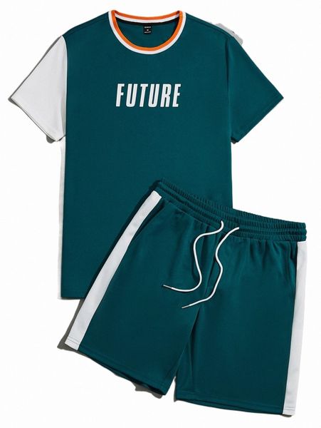 men letter graphic contrast panel tee & drawstring waist shorts w80i#, Gray