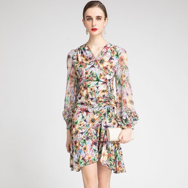 women's runway dress v neck long sleeves floral printed draped ruched ruffles fashion sheath designer dresses vestidos, Black
women's runway dress v neck long sleeves floral printed draped ruched ruffles fashion sheath designer dresses vestidos, Black