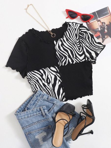 zebra striped lettuce trim tee a8c9#, White
zebra striped lettuce trim tee a8c9#, White