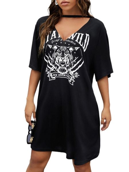 tiger & letter graphic choker neck tee dress 49fi#, Black;gray 
tiger & letter graphic choker neck tee dress 49fi#, Black;gray