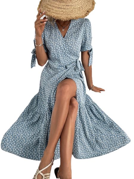 ditsy floral knot ruffle hem wrap dress o07n#, Black;gray
ditsy floral knot ruffle hem wrap dress o07n#, Black;gray