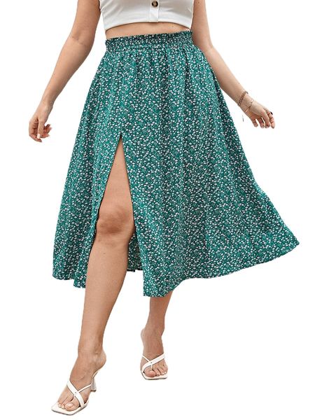 plus ditsy floral print paperbag waist split thigh skirt x6pl#, Black 
plus ditsy floral print paperbag waist split thigh skirt x6pl#, Black