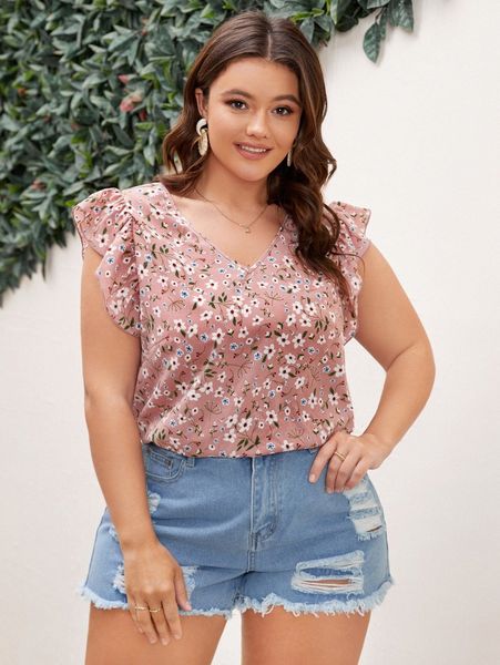 plus allover floral print ruffle trim blouse y820#, Black