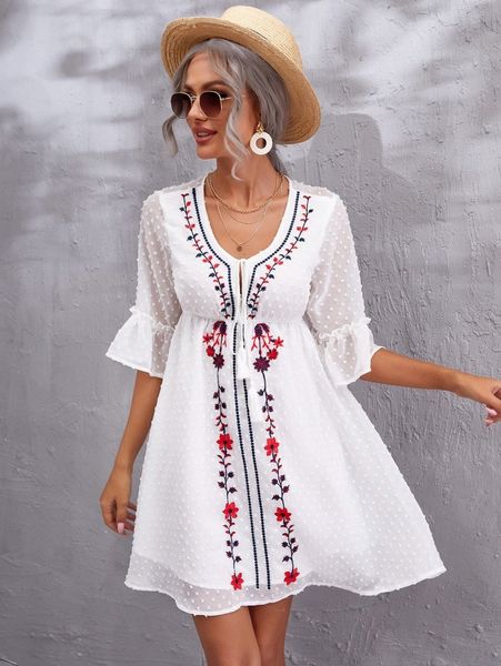 tassel tie front bell sleeve floral embroidered swiss dot dress e56m#, Black;gray 
tassel tie front bell sleeve floral embroidered swiss dot dress e56m#, Black;gray