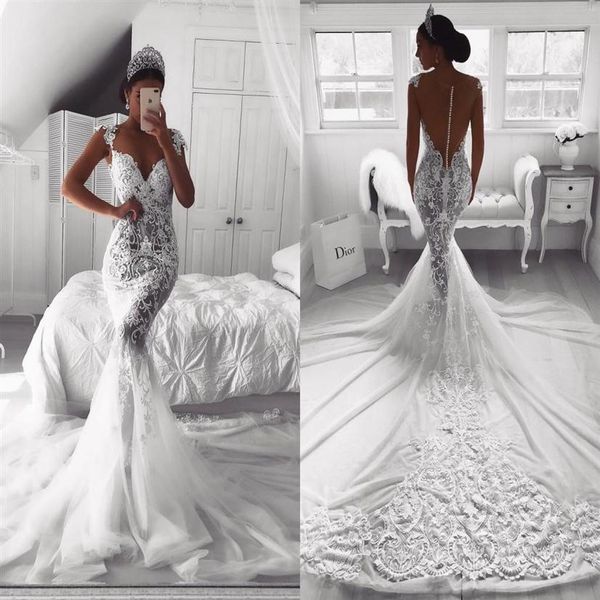 sheer 2018 mermaid lace wedding dresses v neck illusion button back court train tulle wedding dress bridal gowns custom made275t, White
sheer 2018 mermaid lace wedding dresses v neck illusion button back court train tulle wedding dress bridal gowns custom made275t, White