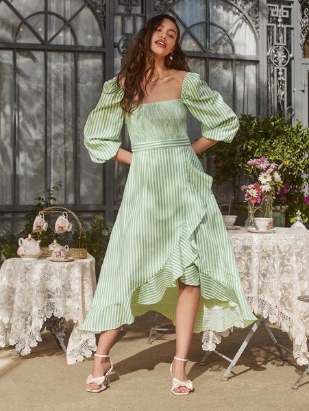 x brittney laycock striped shirred lantern sleeve tie back ruffle trim wrap dress c4ck#, Black;gray
x brittney laycock striped shirred lantern sleeve tie back ruffle trim wrap dress c4ck#, Black;gray