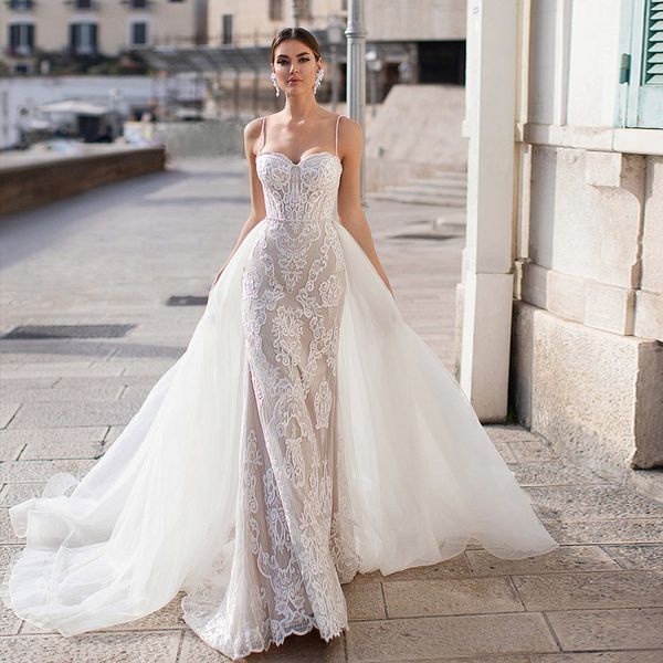 glamorous spaghetti straps wedding dresses sweetheart bridal gown custom made detachable train lace appliques wedding gowns, White
glamorous spaghetti straps wedding dresses sweetheart bridal gown custom made detachable train lace appliques wedding gowns, White