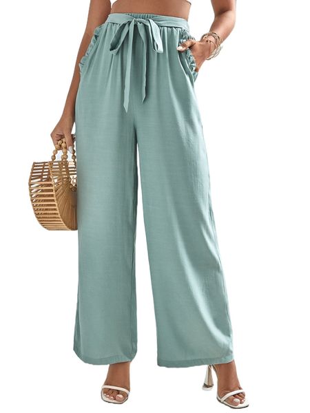 frill trim knot front wide leg pants g6i3#, Black;white 
frill trim knot front wide leg pants g6i3#, Black;white