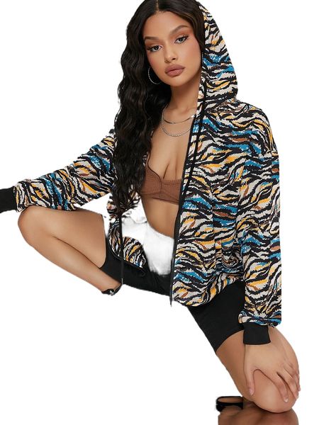 x ji yeon lee tiger skin print zipper drawstring hoodie e1jg#, Black