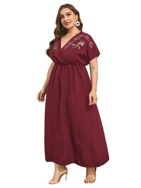 plus floral embroidered wrap a-line dress o48n#, Black
