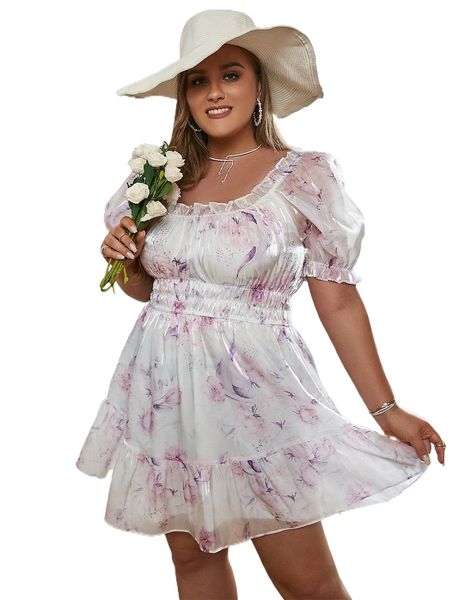simplee plus floral print shirred waist puff sleeve ruffle hem dress x50y#, Black