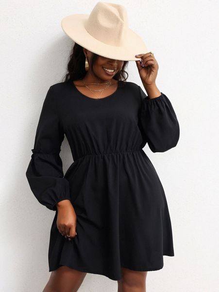 plus lantern sleeve frilled dress h02n#, Black 
plus lantern sleeve frilled dress h02n#, Black