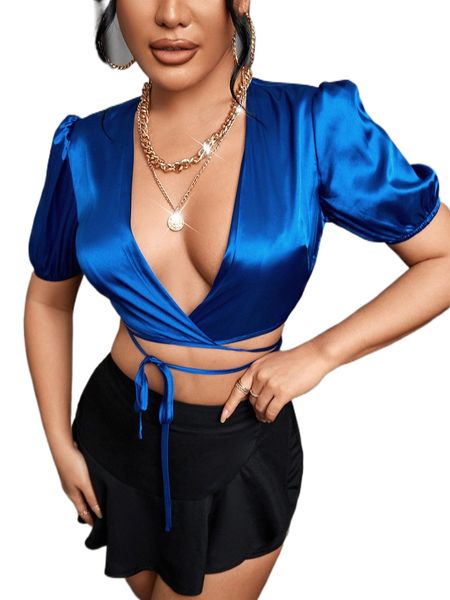 sxy plunging neck puff sleeve crisscross knot front crop satin blouse r9jw#, White 
sxy plunging neck puff sleeve crisscross knot front crop satin blouse r9jw#, White