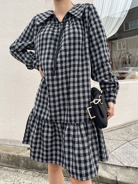 dazy plaid print ruffle hem smock dress 00x8#, Black;gray