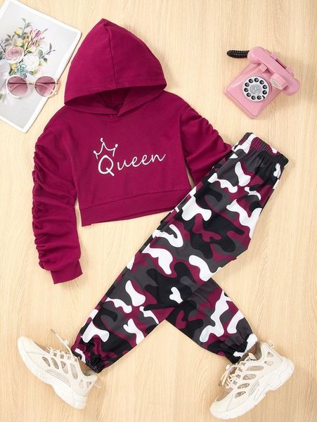 girls letter graphic ruched sleeve hoodie & camo print sweatpants she, White
girls letter graphic ruched sleeve hoodie & camo print sweatpants she, White