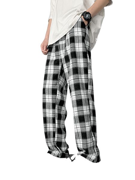 men drawstring waist plaid pants o57x#, Black