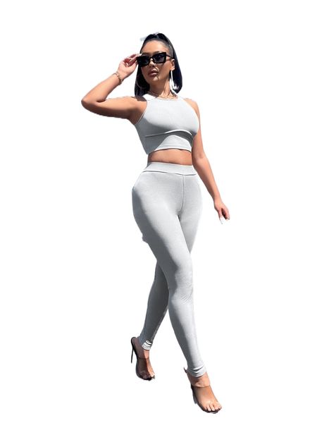 sxy solid crop tank & leggings x9by#, White