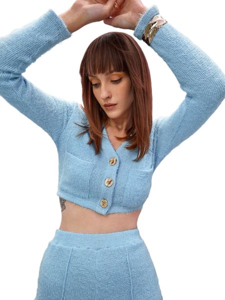 v neck button front dual pocket fuzzy knit crop tee 25qb#, White
v neck button front dual pocket fuzzy knit crop tee 25qb#, White