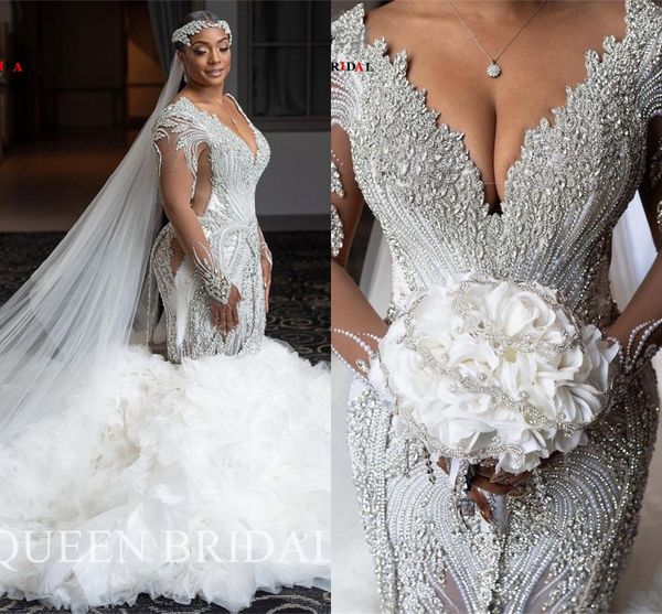 luxury mermaid v-neck long sleeve ruffle train crystal beaded diamond wedding dresses women bride dresses custom made, White
luxury mermaid v-neck long sleeve ruffle train crystal beaded diamond wedding dresses women bride dresses custom made, White