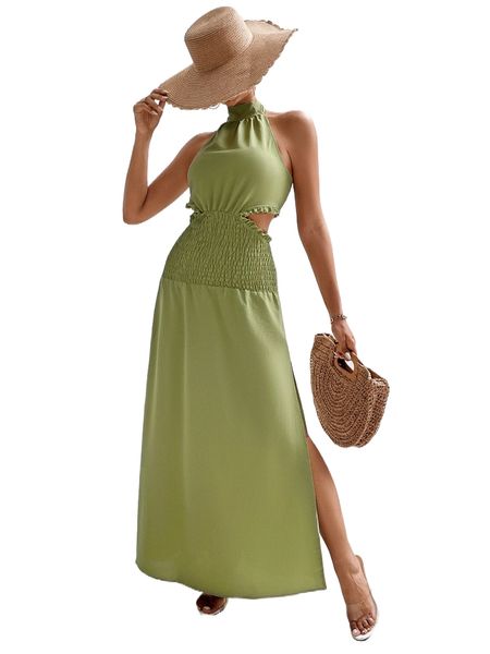 tie back split thigh halter dress d40s#, Black;gray