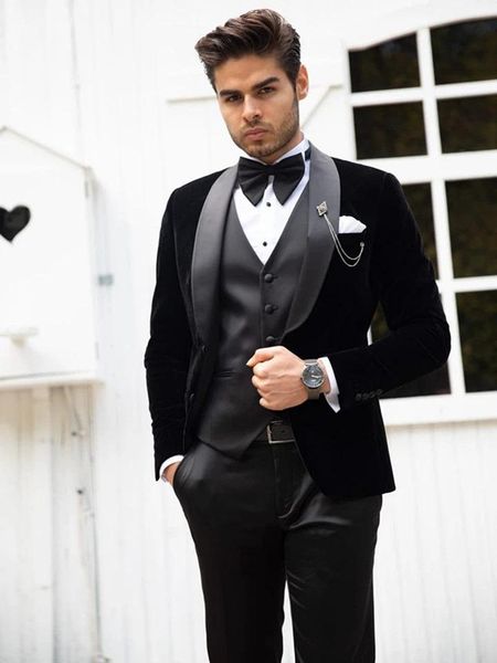 custom-made one button men suits shawl lapel groomsmen groom tuxedos wedding/prom/dinner man blazer jacket pants tie vest m108, Black;gray