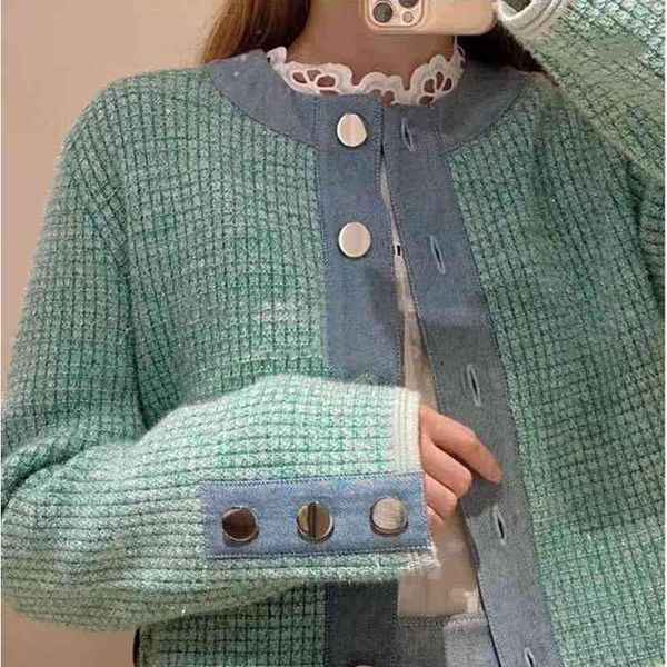 women's knits & tees fadan spring and summer style small fragrance denim splicing metal thread round neck button knitted cardigan short, White
women's knits & tees fadan spring and summer style small fragrance denim splicing metal thread round neck button knitted cardigan short, White