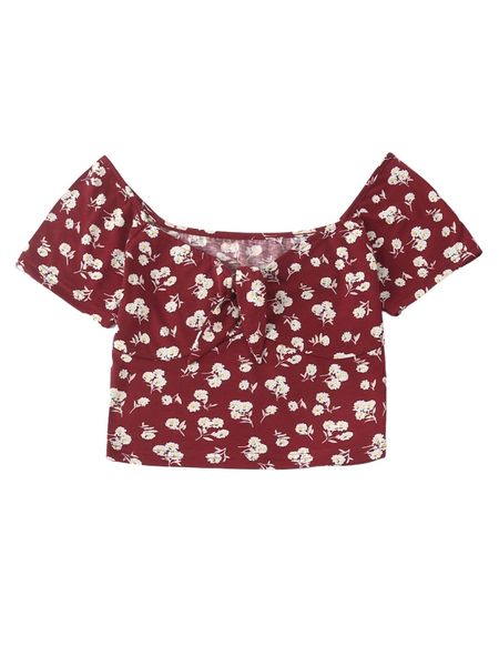 floral print tie front sweetheart neck tee u6kw#, White 
floral print tie front sweetheart neck tee u6kw#, White
