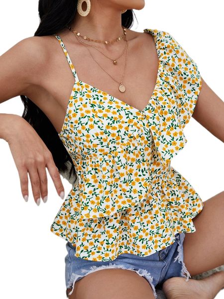 ditsy floral ruffle trim peplum blouse m03n#, White 
ditsy floral ruffle trim peplum blouse m03n#, White